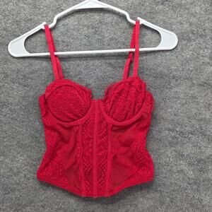 FOURTEEN TWELVE Corset Top Womens XXS Red Lace Boned Bustier Hook & Eye